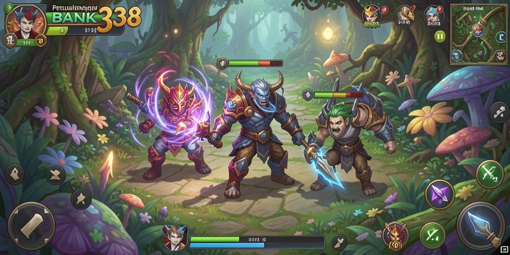 Screenshot menampilkan gameplay BANK338 dengan karakter petualang beraksi.