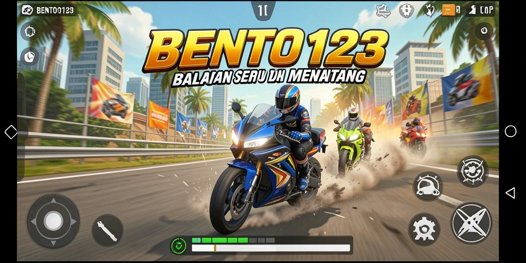 Screenshot utama menunjukkan balapan motor yang mendebarkan di lintasan.