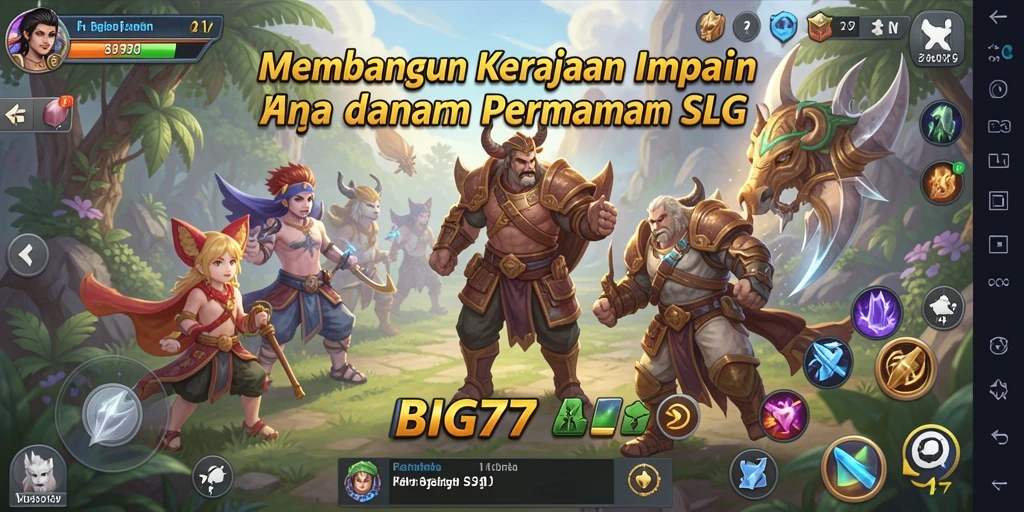 Tangkapan layar utama BIG77 menampilkan pembangunan kerajaan yang strategis.