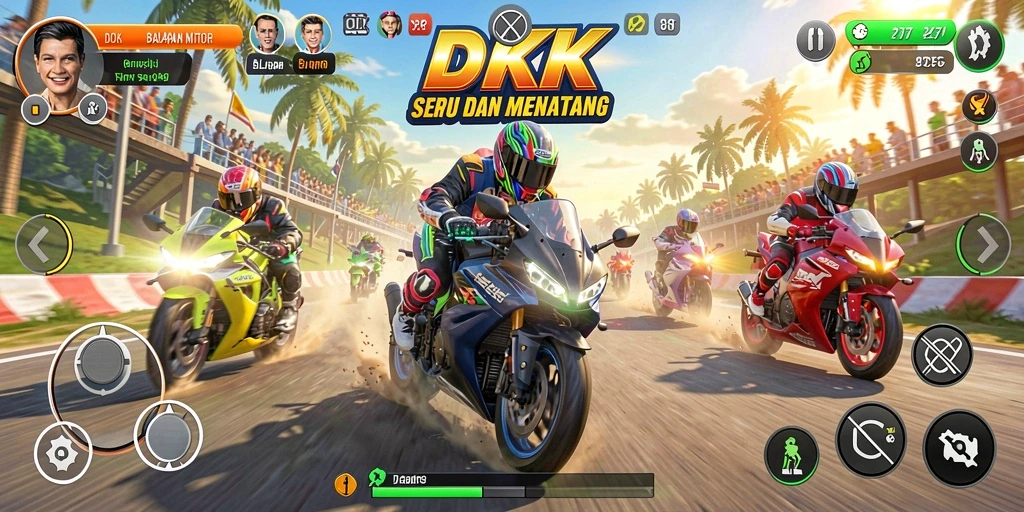 Gameplay DKK yang menampilkan balapan motor cepat dan seru.