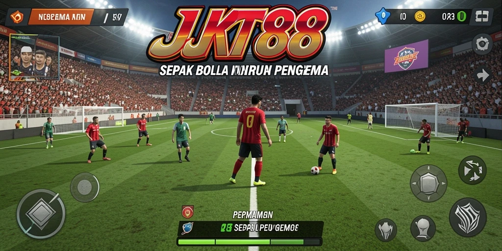 Tampilan gameplay seru dalam JKT88, penuh aksi sepak bola.