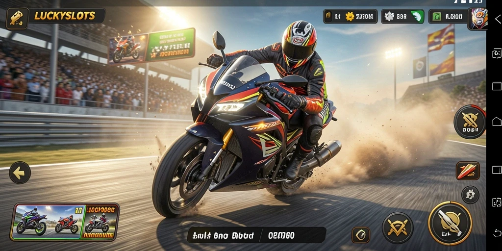 Tangkapan layar gameplay LUCKYSLOTS menampilkan balapan motor yang seru.
