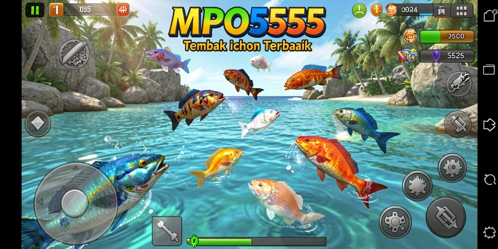Screenshot MPO555 yang menampilkan aksi menembak ikan di laut.