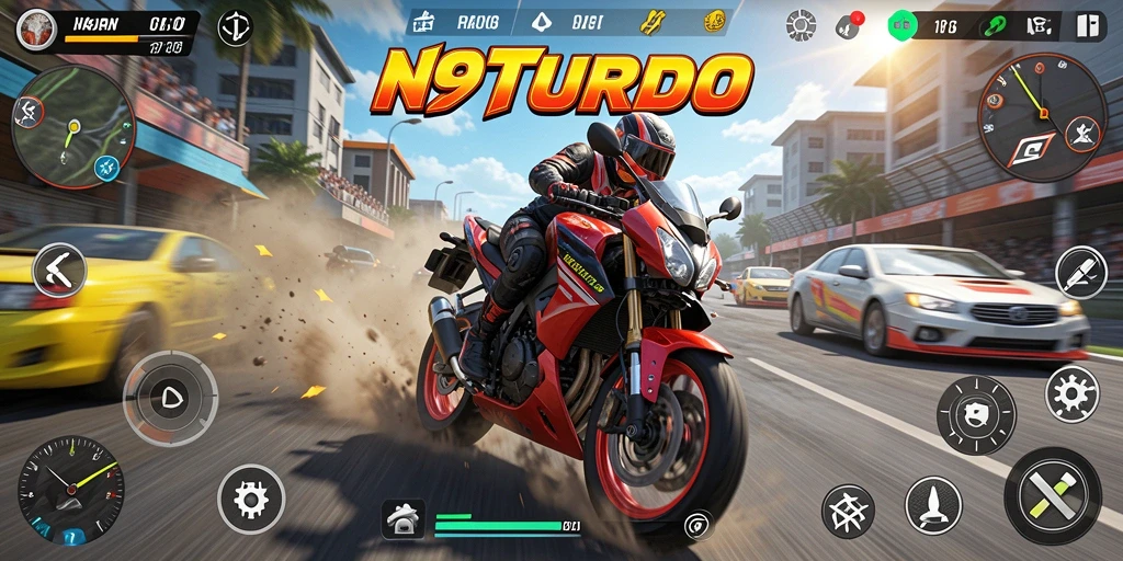 Screenshot gameplay N9TURBO menampilkan aksi balapan motor yang mendebarkan.