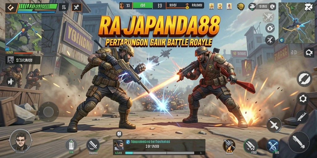 Screenshot gameplay RAJAPANDA88 dengan pertarungan seru di arena Battle Royale.